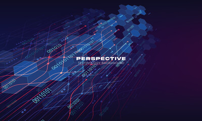 Abstract technology circuit board and hexagon overlay pattern perspective background