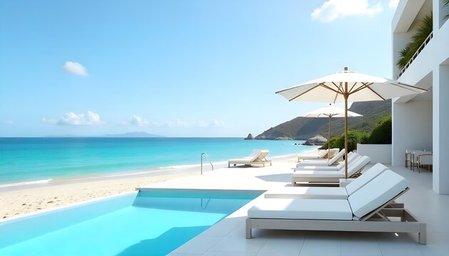 Sea view. Luxury modern white beach hotel with swimming pool. Sunbed on sundeck for vacation home or hotel - Powered by Adobe