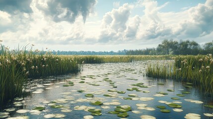 vast marshland with stagnant water covered in lily pads, tall reeds swaying, and a slow-moving stream feeding into a distant river