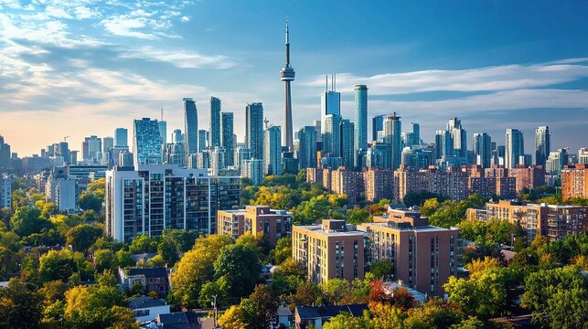 Toronto Skyline at Golden Hour: A vibrant cityscape awash in the golden light of sunset, capturing the stunning architectural diversity of Toronto, Canada.