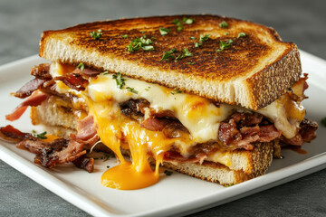 A gourmet grilled cheese sandwich oozing with melted cheddar and gooey mozzarella.