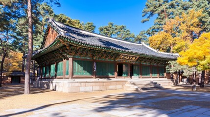 Naklejka premium Autumnal Korean Pavilion Architecture Scenic View