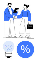 Business partners shaking hands, one holding a clipboard, the other with a briefcase. Ideal for partnerships, business agreements, entrepreneurship, collaboration, innovation, financial growth