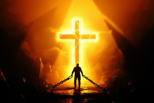 Salvation concept, man breaking from chains of sins, emerging into a bright and hopeful future. christian cross on the top, saved by religion