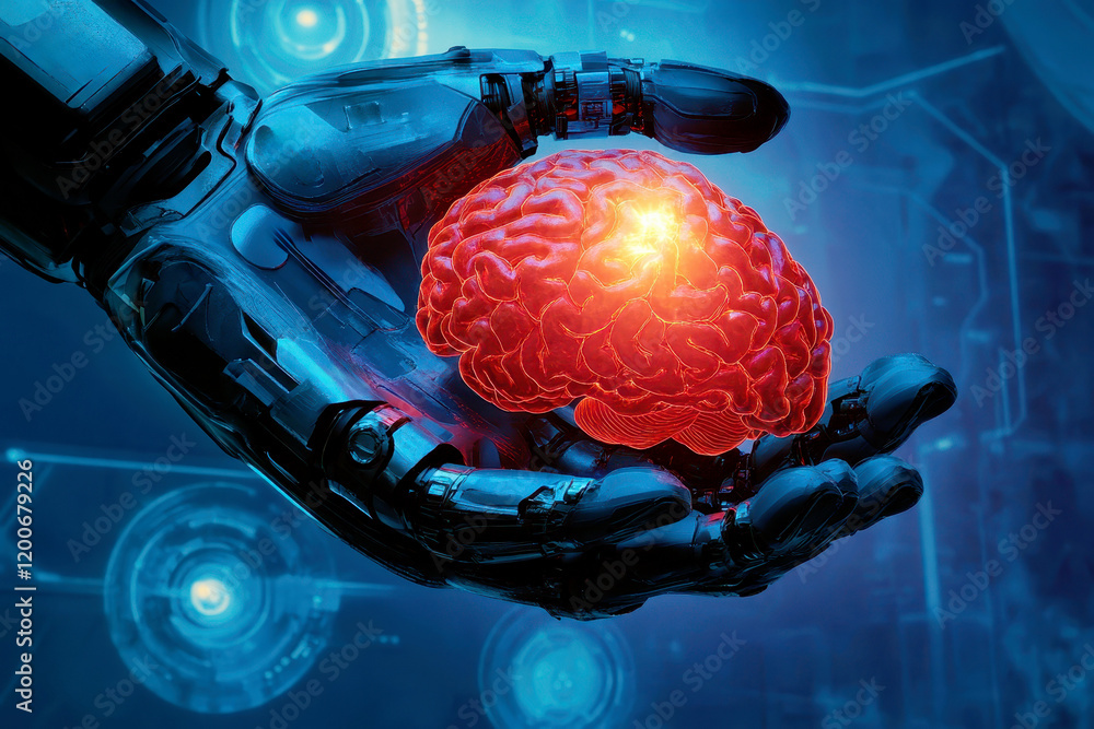 Poster a robot hand holding an illuminated digital brain . generative ai