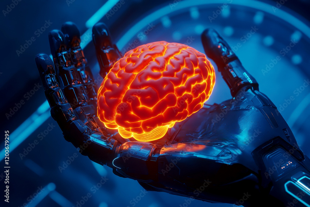 Poster a robot hand holding an illuminated digital brain . generative ai