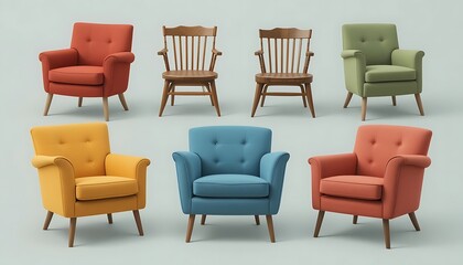 Fototapeta premium Collection of Colorful Armchairs and Wooden Chairs Arranged in a Studio Setting for Interior Design Inspiration