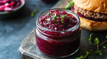 vibrant beetroot relish served in a small jar, placed next to a gourmet burger, ready to be spread on the bun