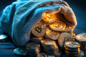 Burlap sack overflowing with gold bitcoin cryptocurrency coins on a isolated blue background. highlighting financial innovation.