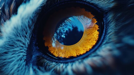 Close-up of an owl's eye, showing intricate details and reflection.