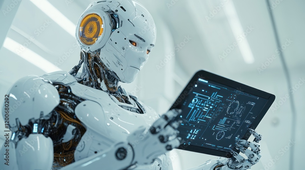 Poster advanced humanoid robot using a tablet computer in a futuristic lab.