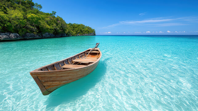 serene wooden boat floating in crystal clear turquoise waters - Powered by Adobe