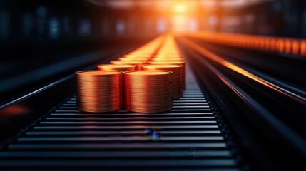 Precision Assembly Line with Industrial Conveyor Belt Transporting Metallic Objects in Orderly Fashion