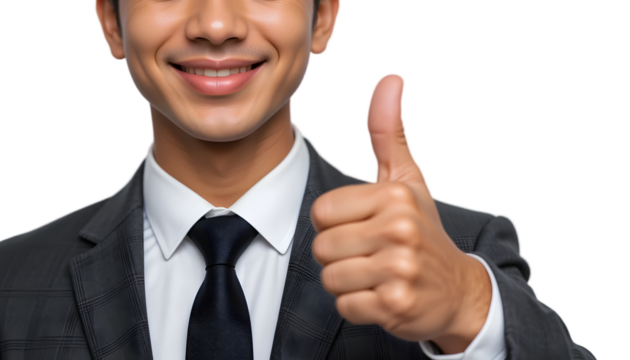 Close-up of smiling businessman giving thumbs up.