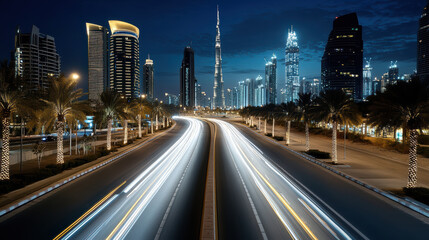Obraz premium Aerial view of Dubai skyline at night with illuminated buildings and traffic lights