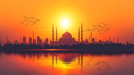Naklejka premium Sunset Silhouette Cityscape Mosque Birds Water Reflection