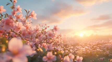 Serene Meadow with Blooming Cherry Blossoms at Sunset Glow