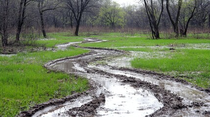 Muddy track winding through spring woodland