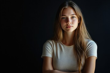 Vibrant Color Picture of Portrait of Young Woman Standing Against Black Background