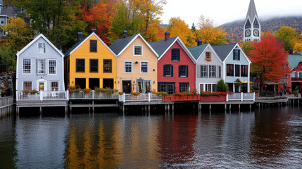 Colorful houses by lake in New England, surrounded by vibrant fall foliage
