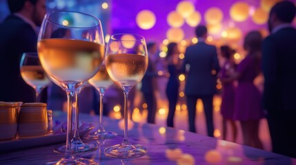 Elegant gathering with drinks and soft lighting at a social event.