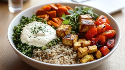 vegan Buddha bowl with brown rice, roasted veggies, tofu, and a tahini dressing on the side