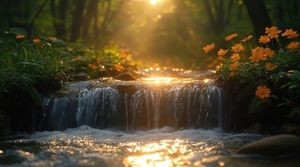 Sparkling Waterfall Surrounded by Lush Greenery and Sunlight