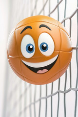 A cheerful, animated basketball with a smiling face hangs on a net, conveying excitement and fun.