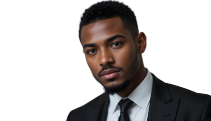 Close-up portrait of a serious young Black man in a suit.