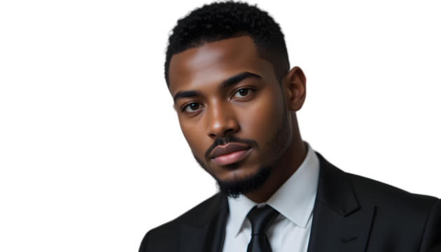 Close-up portrait of a serious young Black man in a suit. - Powered by Adobe