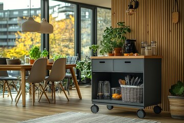 Gray kitchen trolley with two drawers and one door on wheels, placed next to a dining table, surrounded by chairs and decorative elements.