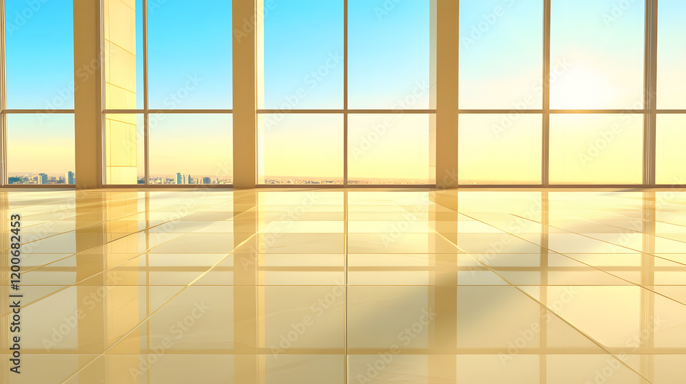 Poster bright, spacious interior with large windows and a view of the skyline under a clear sky