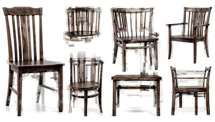 Set of Dark Brown Wooden Chairs and Table, Various Views, Isolated on White Background, High-Resolution Image, Detailed Textures