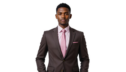 Confident young African American man in brown suit, pink shirt, and tie.