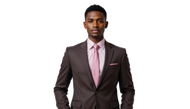 Confident young African American man in brown suit, pink shirt, and tie.