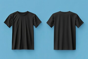 Front and Back View of a Black Tshirt Mockup for Design Print on Blue Background