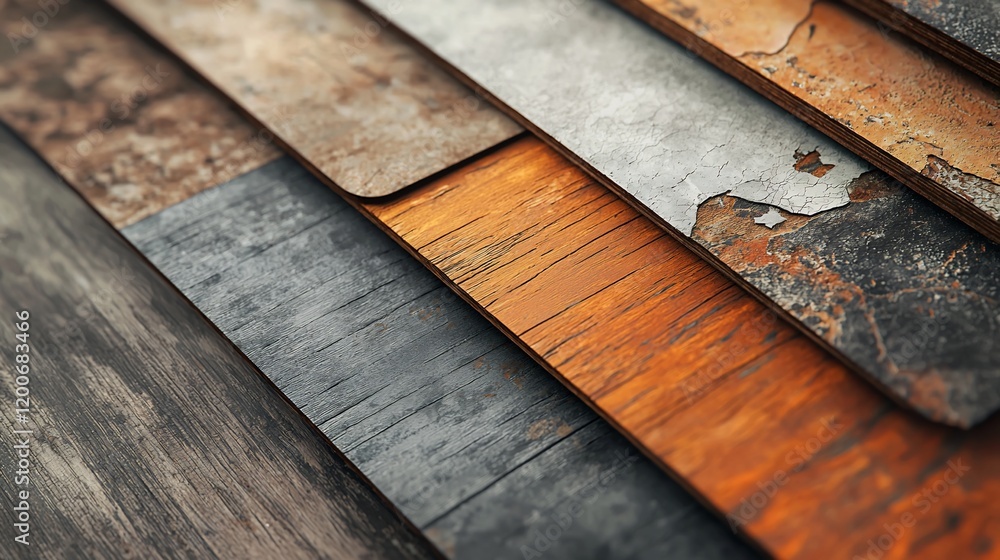 Aufkleber close-up of various flooring samples showcasing different textures and colors.