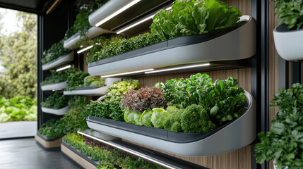 Futuristic food market with lab grown produce and vertical gardens