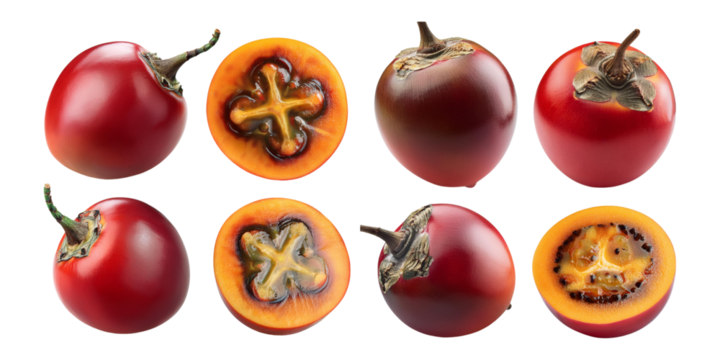 Whole and sliced tamarillo fruits displayed against a black background, showcasing their vibrant red skin and juicy interior. Ideal for food presentations and healthy eating visuals.