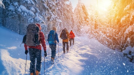 Hikers trekking snowy mountain trail.