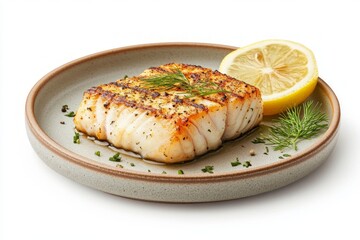 Grilled cod fillets garnished with lemon and dill
, seasoned with salt and pepper, on a A clean plate, pescatarian

