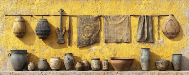 Fototapeta premium Ancient artifacts on yellow wall, desert background, cultural heritage