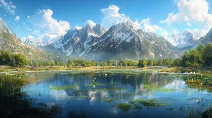 edge of a mountain range, with the snow-capped peaks reflecting in the calm water, surrounded by lush greenery and wildlife