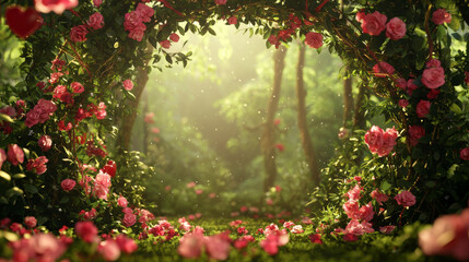 charming forest glade adorned with vibrant pink roses, creating romantic atmosphere perfect for Valentine Day. Sunlight filters through trees, enhancing enchanting scene