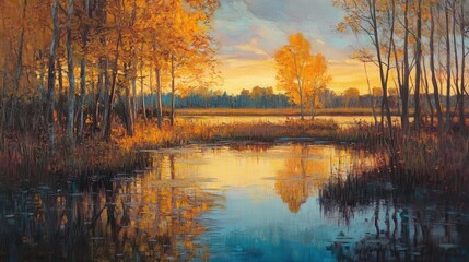 landscape during autumn, with trees beginning to turn golden and the water reflecting the fiery colors of the changing leaves