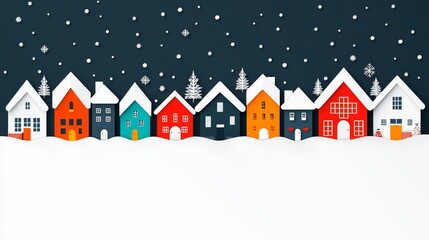 Fototapeta premium A Colorful Row of Snow-Covered Houses on a Snowy Night