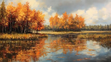 Fototapeta premium landscape during autumn, with trees beginning to turn golden and the water reflecting the fiery colors of the changing leaves