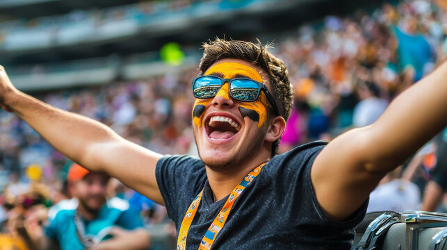passionate fan with face paint celebrating at sports event, wearing sunglasses and expressing joy in vibrant crowd