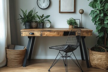 Modern industrial desk with wood and metal frame, black legs, open drawer, steel wire chair, art frames, plants, and clock in a neutral-colored room.