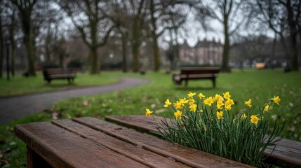 Fototapeta premium Blurred Park Scene Featuring Wooden Table and Yellow Spring Flowers